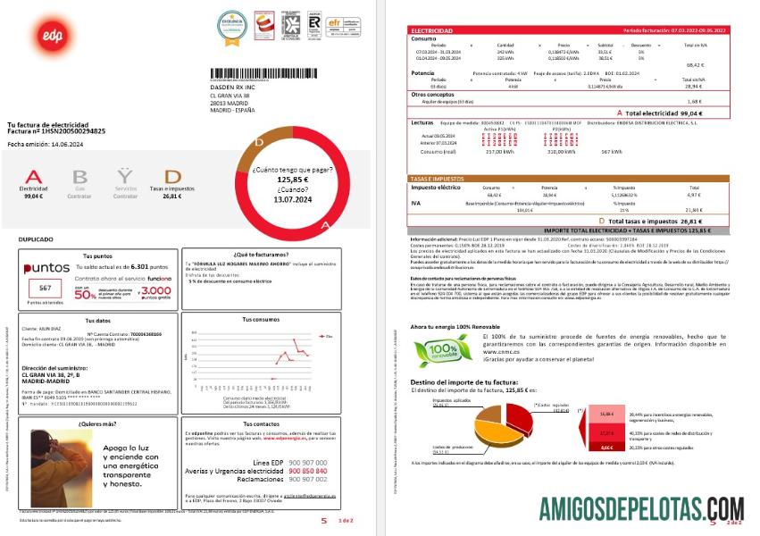 Em branco modelo de conta de serviços públicos ESPANHA EDP, versão 2